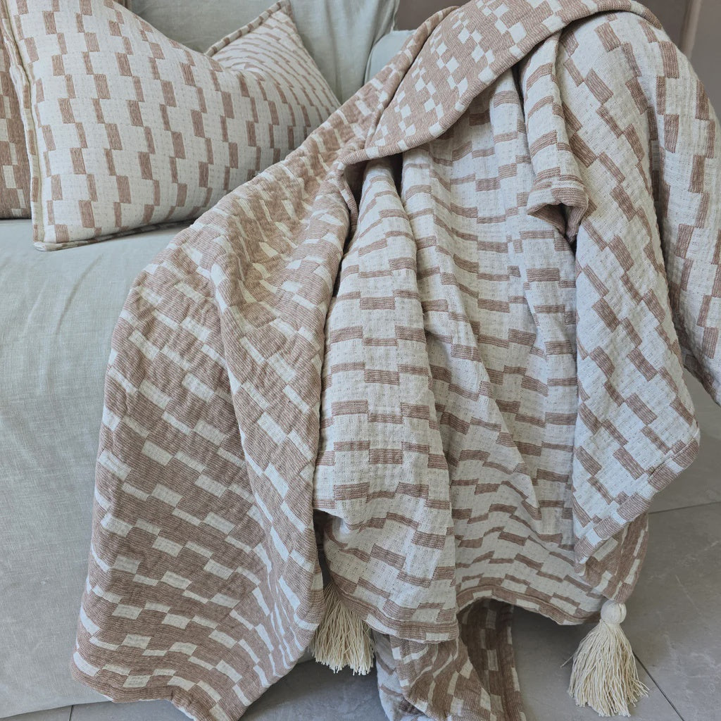 Mosaic Jacquard Double Sided Linen Cotton Throw 220x150cm | Mocha Mouse I Off White