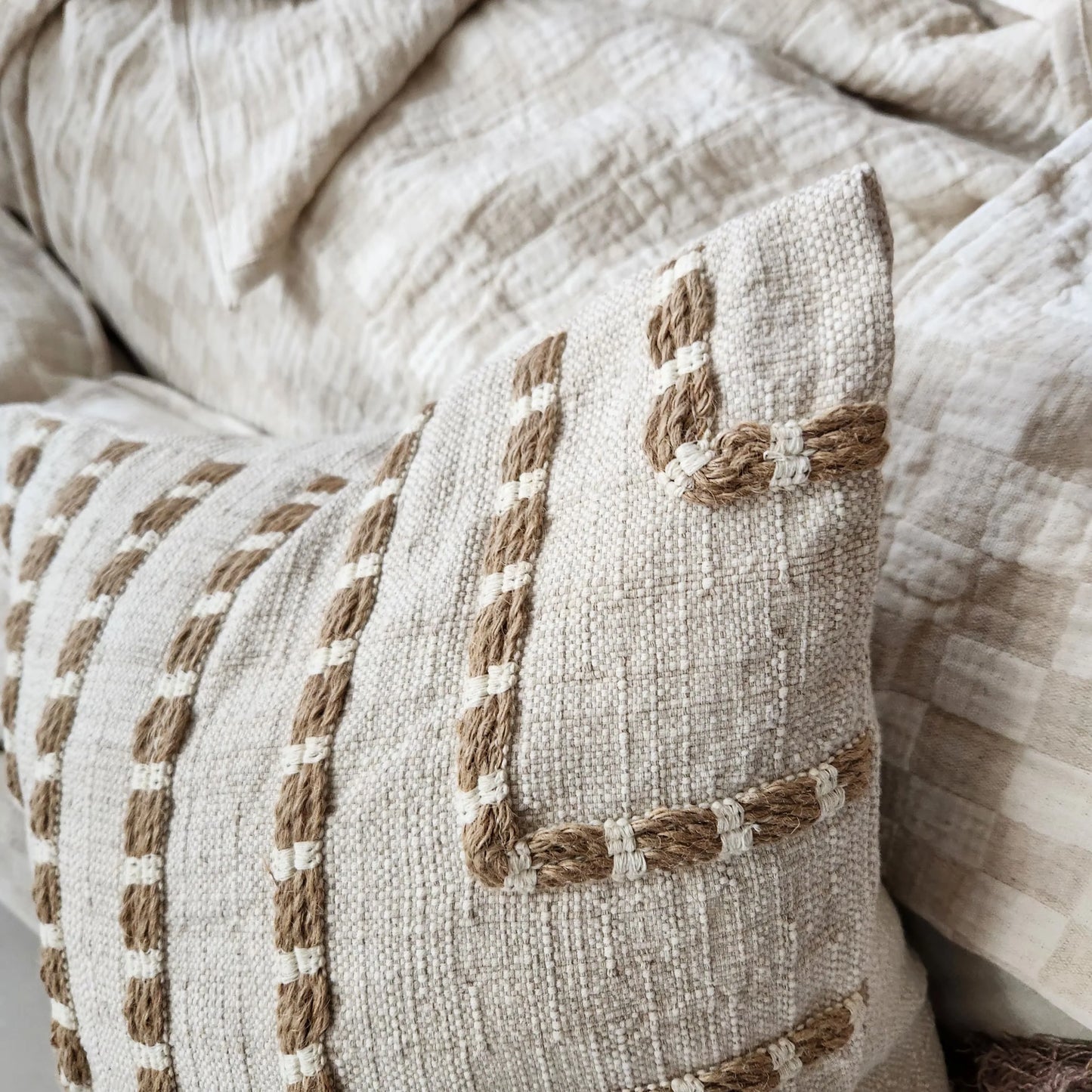 Maya Embroidery Linen Cushion 55cm Square - Natural/White