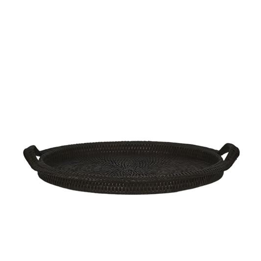 Paume Rattan Round Serving Tray with Handles - Black 43cm