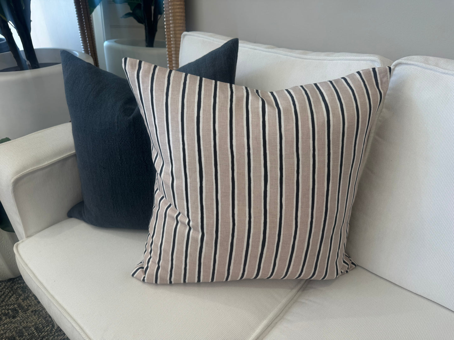 Custom Heavy Linen Stripe, Charcoal/Taupe Cushion 55x55