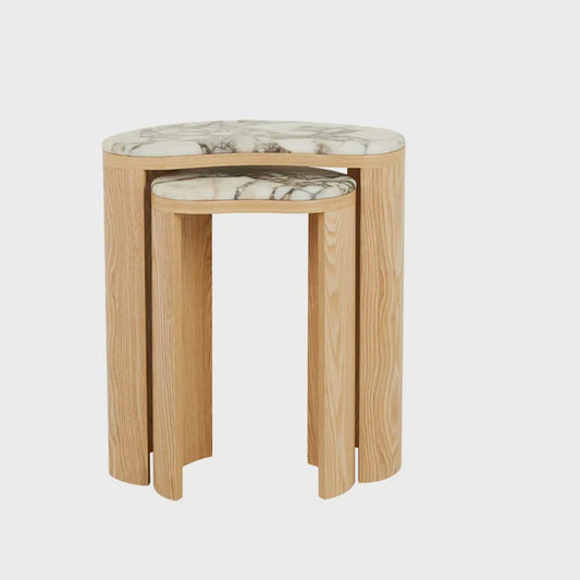 Oberon Curve Nest Marlble Side Tables Nat Ash/Matt Ocean Marble W46xD28xH52cm