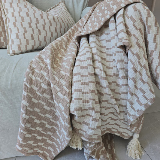 Mosaic Jacquard Double Sided Linen Cotton Throw 220x150cm | Mocha Mouse I Off White