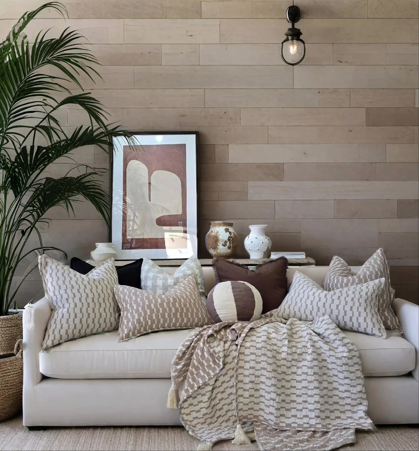 Mosaic Jacquard Double Sided Linen Cotton Throw 220x150cm | Mocha Mouse I Off White