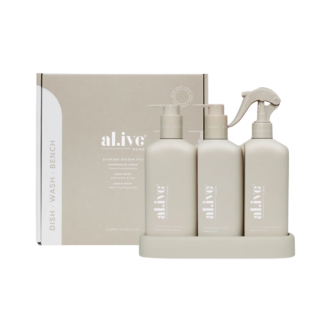 Al.ive Kitchen Trio + Tray - Dish Liquid, Hand Soap & Bench Spray