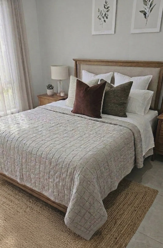 Lagoon Linen Cotton Quilted Bed Cover Massive Blanket Coverlet 230cm x 250cm - Grey Beige