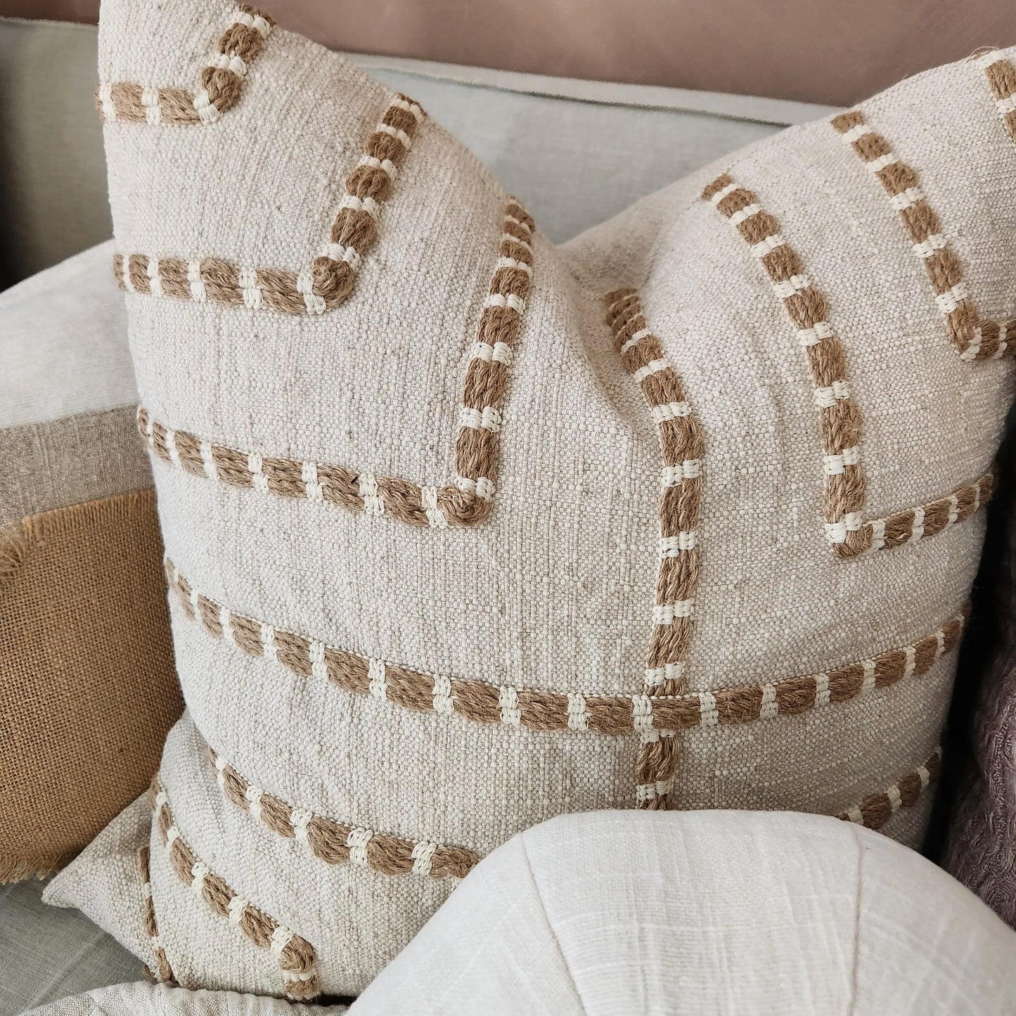 Maya Embroidery Linen Cushion 55cm Square - Natural/White