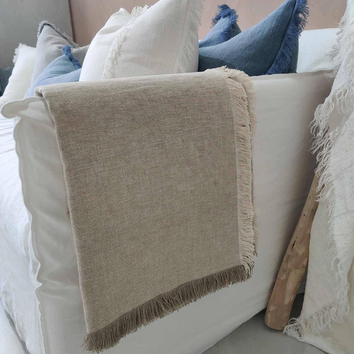 Riviera Heavy Weight Texture French Linen Fringed Edge Massive Throw Bedcover 140cm x 230cm- Oatmeal