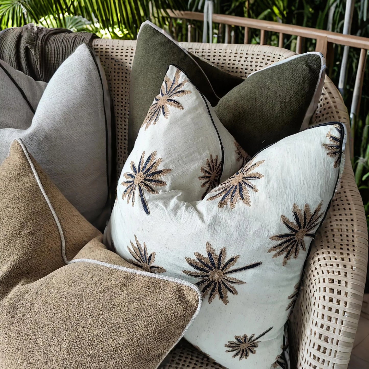 Palm Tree Embroidery Cotton Cushion 55cm Square - Off White