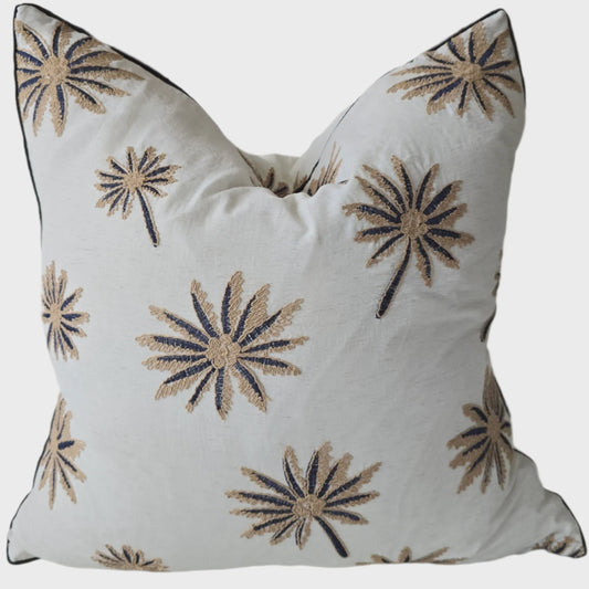 Palm Tree Embroidery Cotton Cushion 55cm Square - Off White
