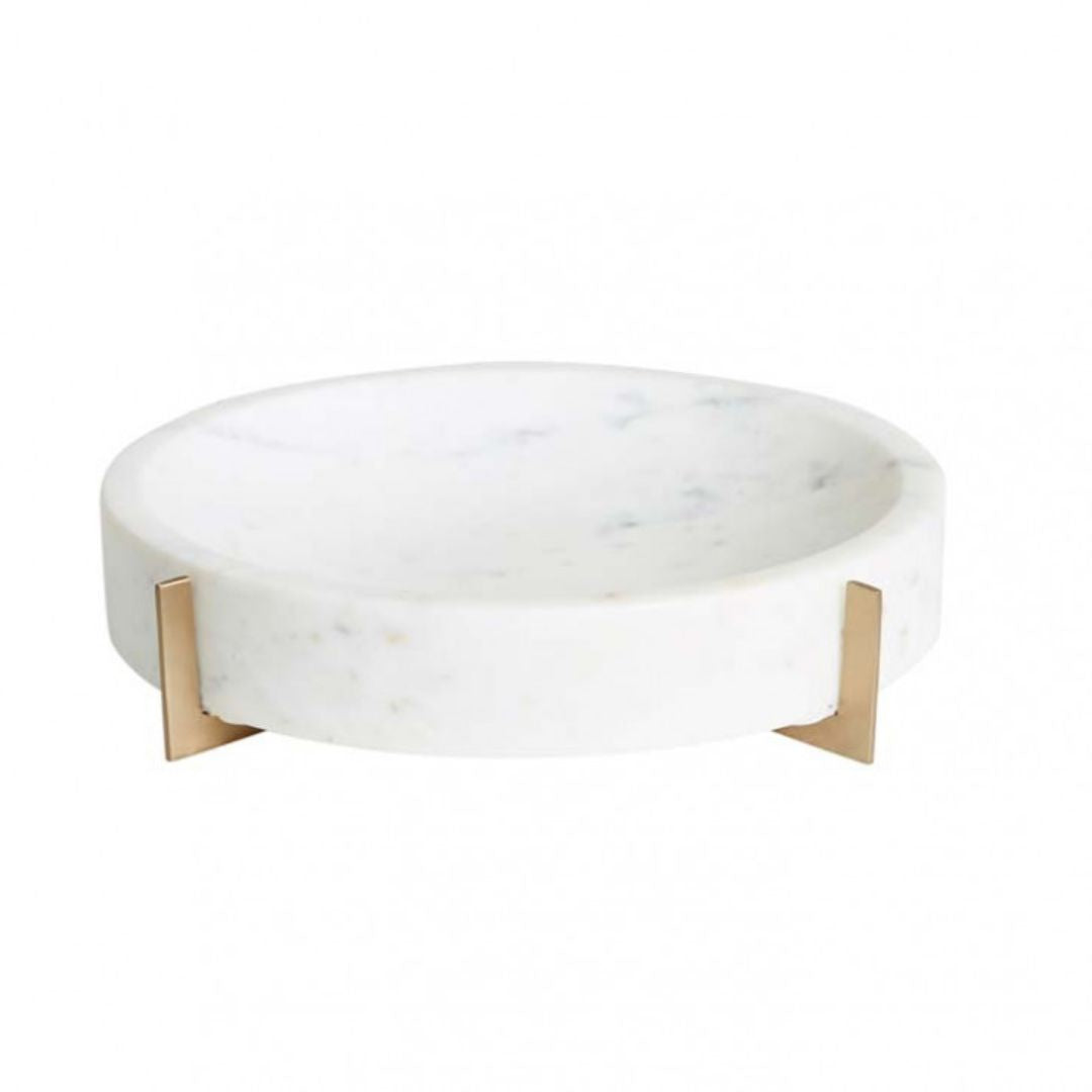 Ridge Large Round Bowl - White Marble/Brass