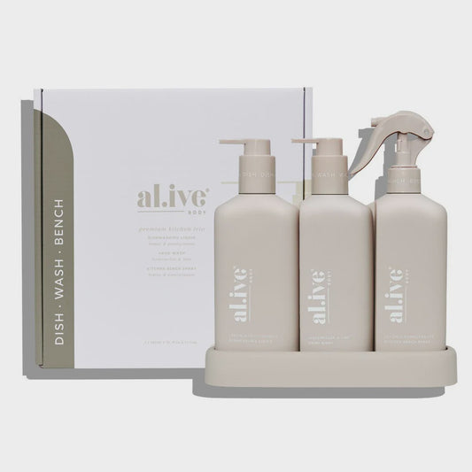 Al.ive Kitchen Trio in Tray - Dish liquid, Hand soap & Bench Spray